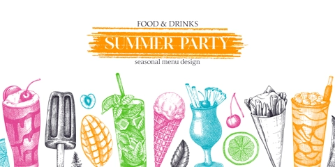 Summer party banner. Non-alcoholic beverage, mocktail, ice cream, fruit, cocktail sketches. Hand drawn vector illustration. Summer festival design, bar menu, tropical background